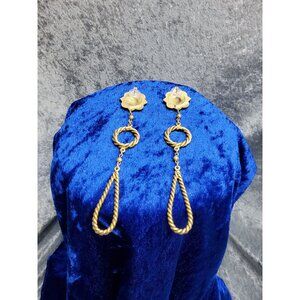 vintage gold tone medieval inspired shield with twisted cable dangle earrings
